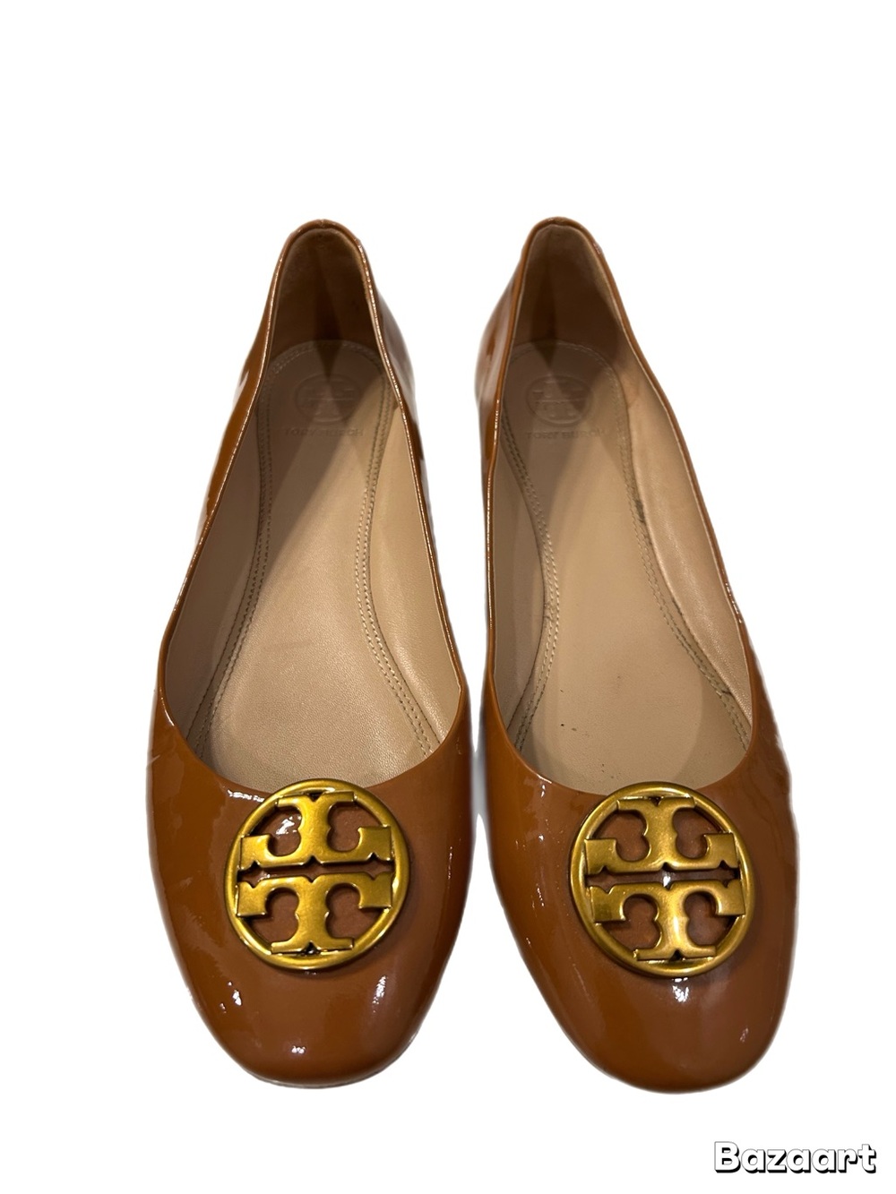 Tory Burch Chelsea Patent Leather Ballet Flats Tan Umber Gold Logo Size 7.5